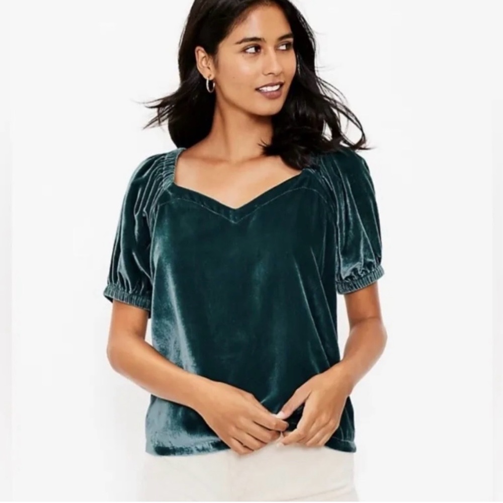 LOFT Teal Velvet Puff Sleeve Top